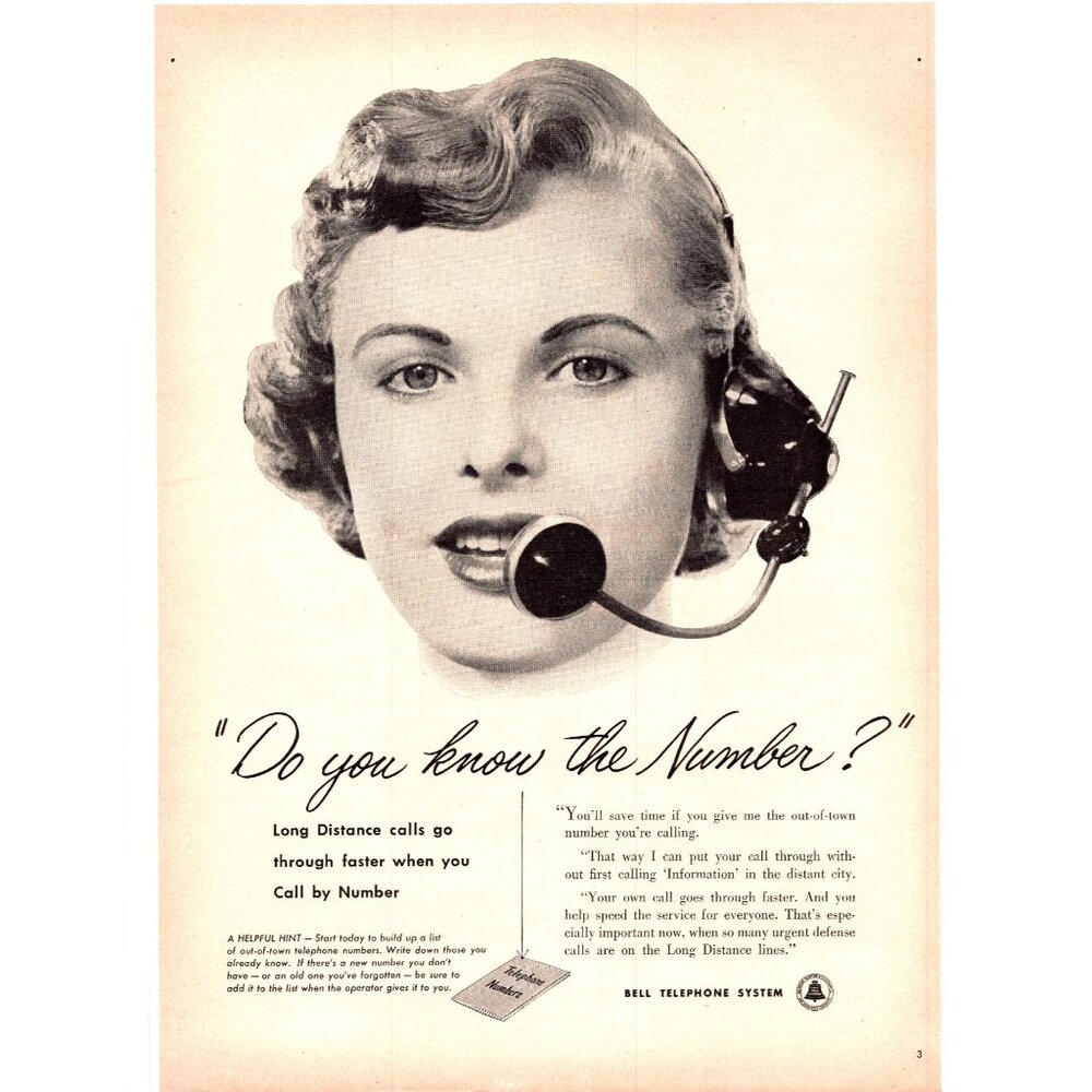 1952 Bell Telephone System Long Distance Operator Vintage Print Ad 50s Wall Art
